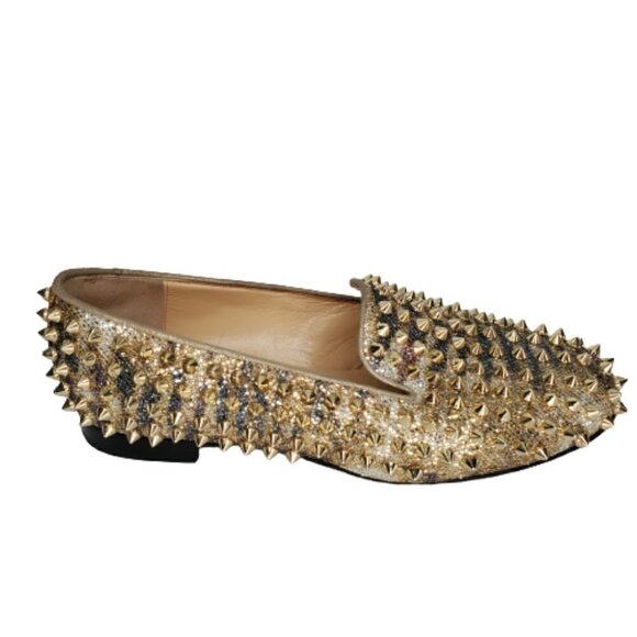 Christian Louboutin Glitter Spiked Slip On Flats Loafers - Picture 1 of 6